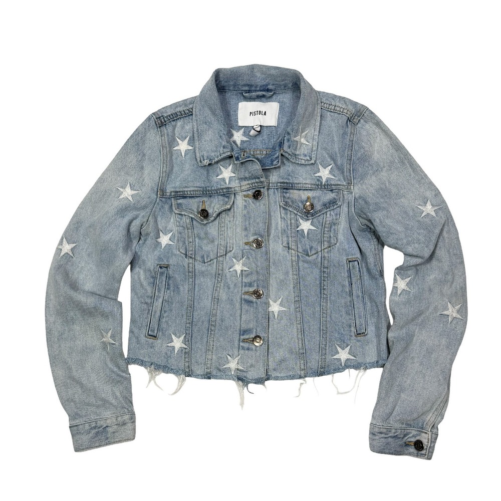 Pistola Brando Star Embroidered Denim Jacket Women's Small Fray Hem Zodiac Blue